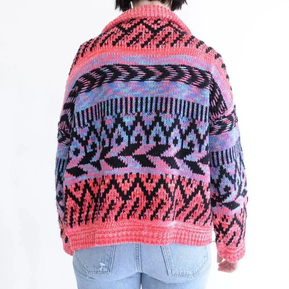 John + Jenn Nash Sweater Neon Pink & Teal Knit Abstract Quarter-Zip  Sweater S - Picture 3 of 12